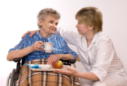 caregiver serving meal to the elder woman